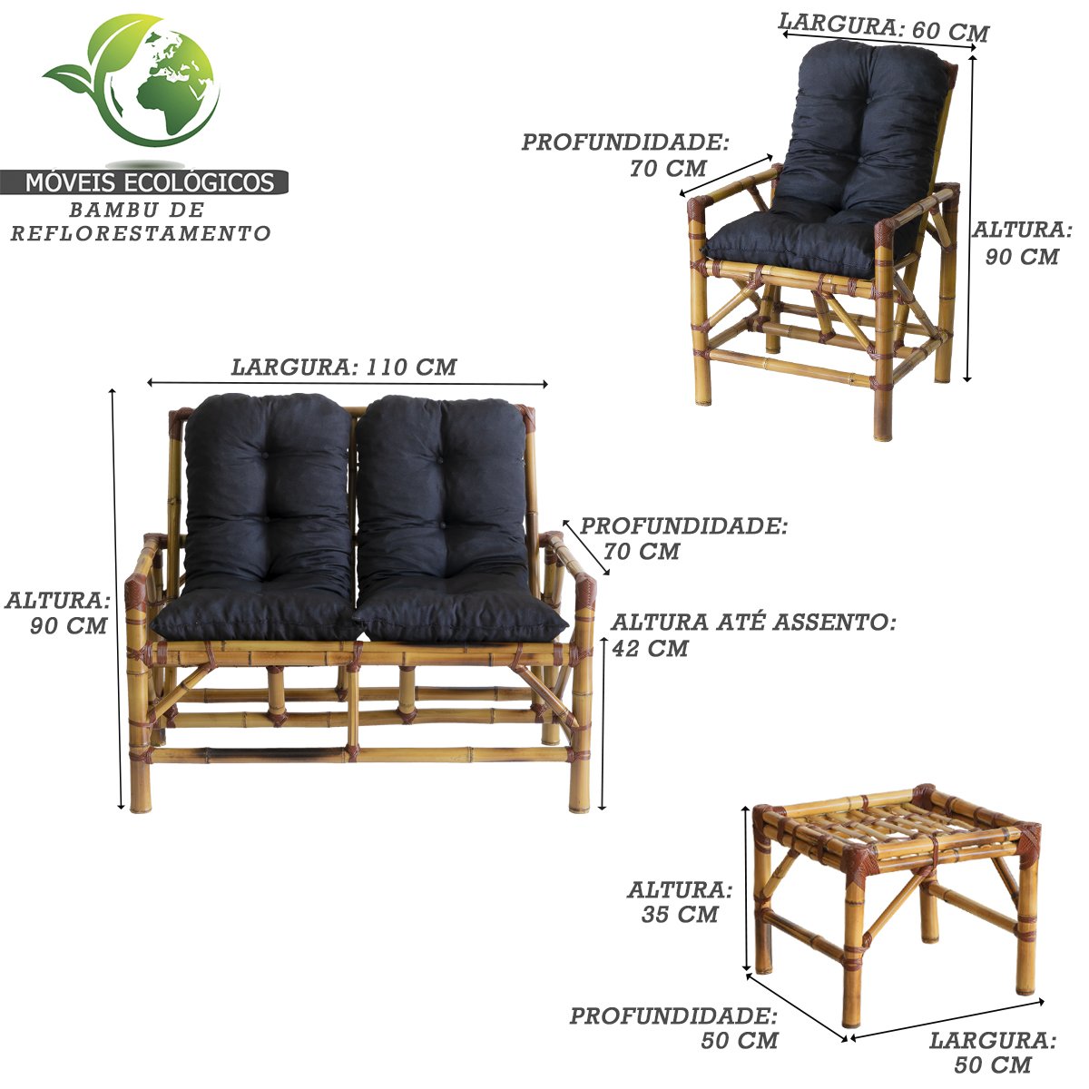 Conjunto Bambu Namoradeira, 2 Cadeiras + Mesa de Centro com Almofadas para Área T16 - 4