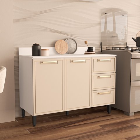 Balcão 2 Portas 3 Gavetas 120cm x 92,5cm x 52cm Bege/Branco/Creme