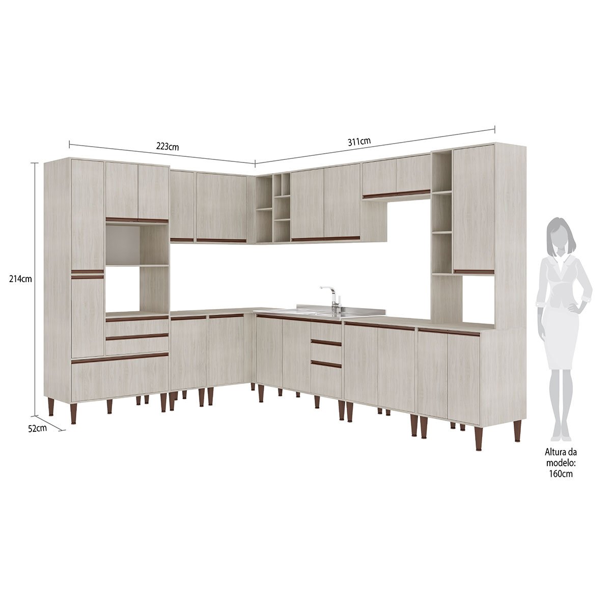 Cozinha de Canto Modulada New 233/311x214 Cm Balcão Armário Torre Nicho Forno MDP Legno - ClickLar - 3