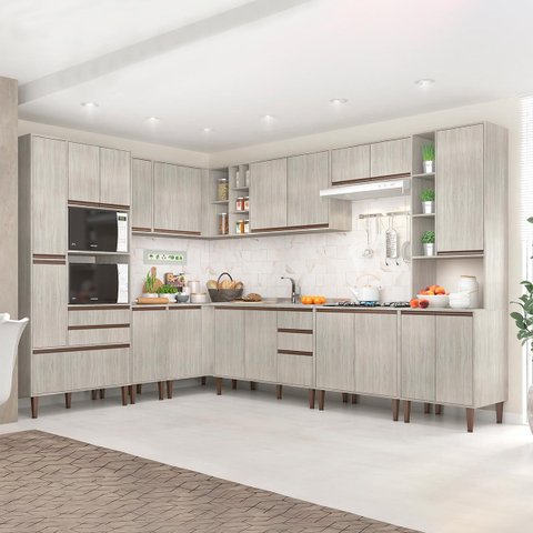 Cozinha de Canto Modulada New 233/311x214 Cm Balcão Armário Torre Nicho Forno Mdp Legno - Clicklar