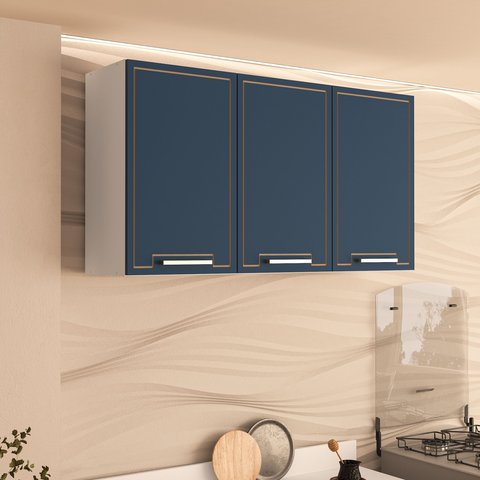 Armário Aéreo 3 Portas 120cm x 66cm x 30,5cm Azul/Branco