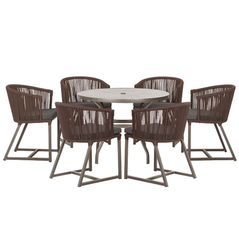 Mesa com 6 Cadeiras de Jantar Roma 120cm e Noronha em Alumínio Marrom Corda Náutica Estofado 11 Tram