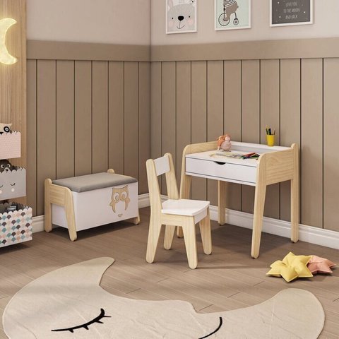 Conjunto Mesa com Cadeira e Baú Infantil Corujinha Casatema MadeiraOriginals Branco/Marrom