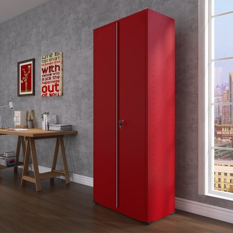 Armário de Aço Industrial 2 Portas 4 Prateleiras Cinza/Vermelho