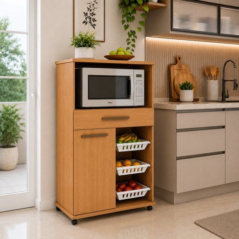 Fruteira para Cozinha 3 Cestos 1 Porta 1 Gaveta com Rodízios Fortaleza Espresso Móveis