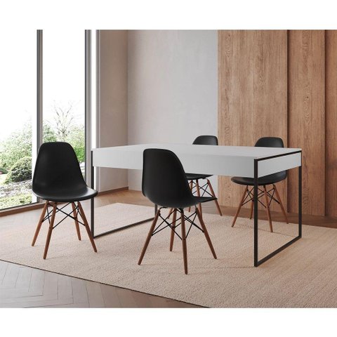 Mesa Jantar Industrial Retangular Branca 137X90Cm Base Ferro Preto C/4 Cadeiras Pretas Cor: Branco