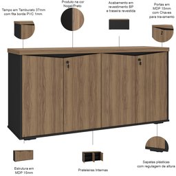 Balcão para Escritório 04 Portas 160cm com Chaves Unik A02 Nogal Preto - Lyam Decor - 4