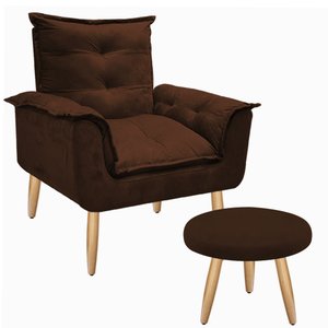 Kit Poltrona Opala Júlia Cadeira Decorativa + Puff Redondo Pés Palito Mercado Dos Móveis:marrom
