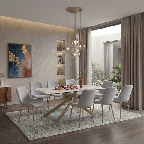 Conjunto Mesa de Jantar Lara 180cm Cerâmica Base Aço Carbono Bronze com 8 Cadeiras em Linho Cinza