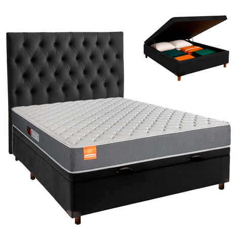 Cama Box Bau + Colchão Casal D23 Pro Inducol + Cabeceira Estofada