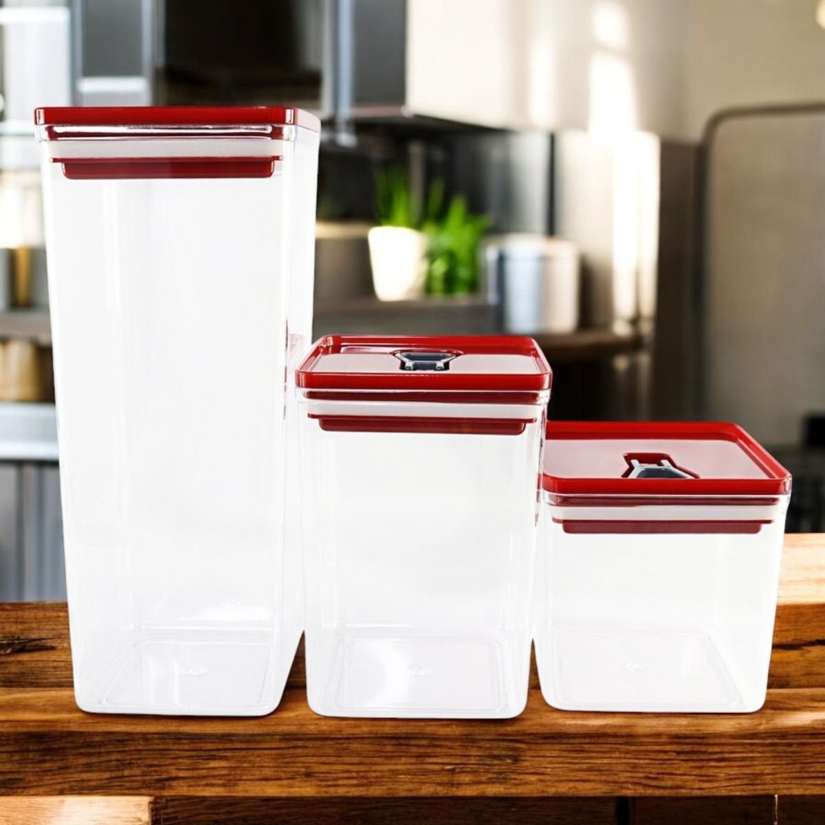 Kit Organizador Hermético Dubai com 3 Potes – Praticidade e Organização para Sua Cozinha Cor:vermelh - 2