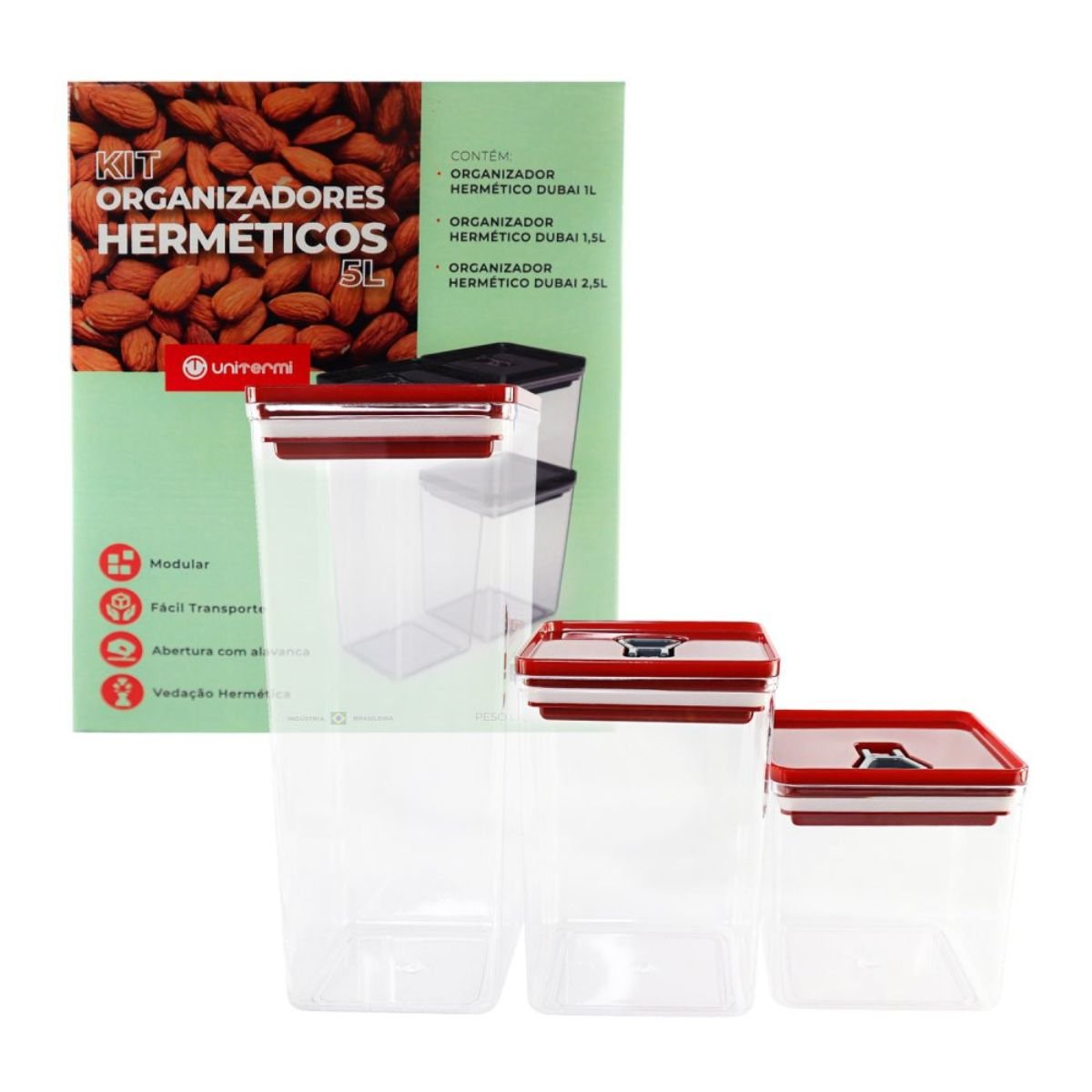 Kit Organizador Hermético Dubai com 3 Potes – Praticidade e Organização para Sua Cozinha Cor:vermelh - 7