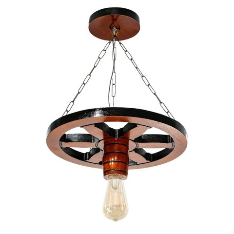Pendente Luminária Lustre Roda de Carroça 33cm de Madeira Maciça - Mogno