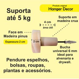 5 Ganchos Penduradores de Parede em Pinus 20mm Bola 5 Tamanhos:Pinus - 4