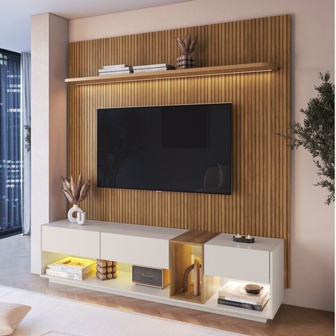 Rack Painel Ripado para TV até 75 Polegadas com LED 185,5cmx228,4cm Liverpool Yescasa Marrom Pinho/Mel/Arenas