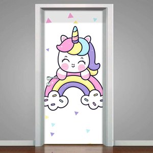 Adesivo para Porta Unicórnio Baby no Arco-Íris- 63X210Cm
