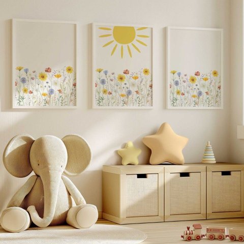 Kit 3 Quadros Decorativos Infantil - Jardim Sun NO2 - 30x40 - Moldura Madeira