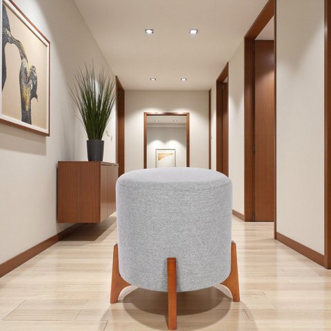 Puff Belluno Decorativo Tecido Linho Banqueta Redondo Pés de Madeira Maciça