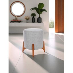 Puff Belluno Decorativo Tecido Linho Banqueta Redondo Pés de Madeira Maciça - 1