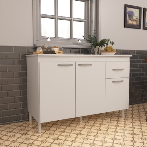 Balcão de Cozinha para Pia de 120cm Com Tampo Suiça Fidelitá 3 Portas 1 Gaveta