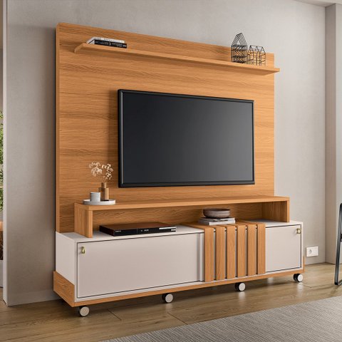Home Painel Decorativo Bolt Tv até 65 Pol Portas Deslizantes Pés Rodízio Cinamomo/off White G26 - Gr