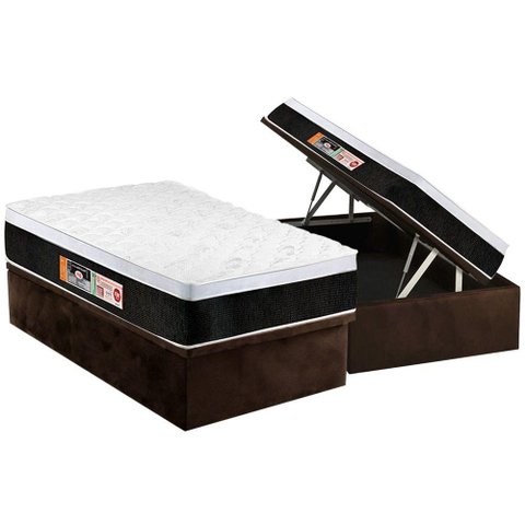 Cama Box Baú Solteiro: Colchão Espuma Castor D45 Black e White Air Euro Pillow + Base CRC Suede Brow