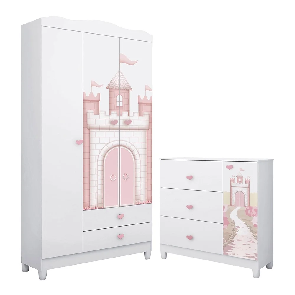 Quarto Infantil com Guarda Roupa e Cômoda Sophia Branco Acetinado Móveis Estrela