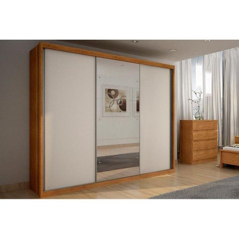 Guarda Roupa 3 Portas de Correr e 6 Gavetas c/ Espelho Paradizzo Gold Cumaru/Fendi - Novo