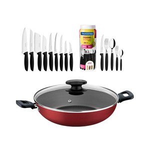 KIT - Panela Wok Alumínio 28Cm + 1 Faqueiro 30pç + 1 Conjunto Facas 9pç - Tramontina