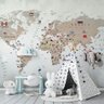 Papel De Parede Infantil De Mapa Mundi Bege Com As Bandeiras - 1