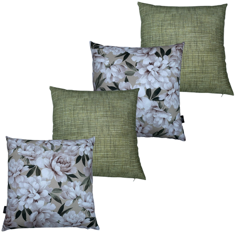 Kit 4 Capas de Almofada Impermeável Estampa Digital 100% Algodão Flor Branca Verde Riscado 43CMX43CM