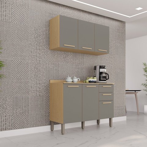Cozinha Compacta Modulada 2 Peças 6 Portas 2 Gavetas Bella Cinza/Jequitibá/Granizo