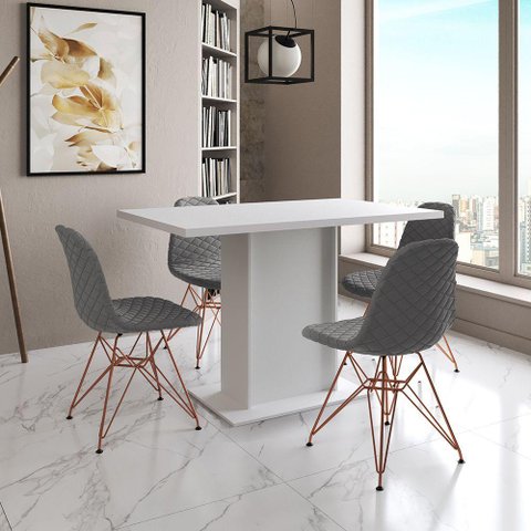 Mesa Jantar Londres Tampo Branco 120cm 4 Cadeiras Base Cobre Estofado Grafite