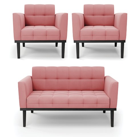 Conjunto 2 Poltronas e 1 Namoradeira Decorativa Karen Pés Fixo em Madeira Preto Suede Rose G19 - Gra