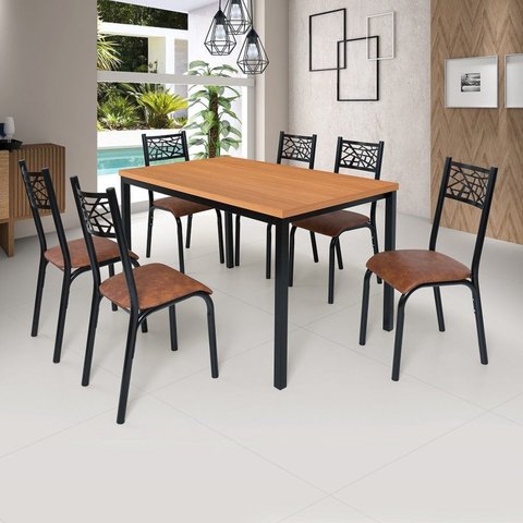 Conjunto Jade Flex 1,36m Tampo Laminado com 6 Cadeiras Marrom/Preto/Caramelo/Freijó