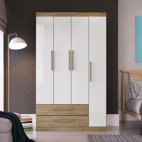 Guarda-Roupa Casal 4 Portas 2 Gavetas Bege/Wood/Branco Brilho