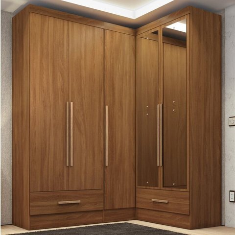 Quarto Modulado de Canto 100% MDF 3 Peças 5 Portas 2 Gavetas com Espelhos Smart Plus Espresso Móveis Marrom/Cinamomo