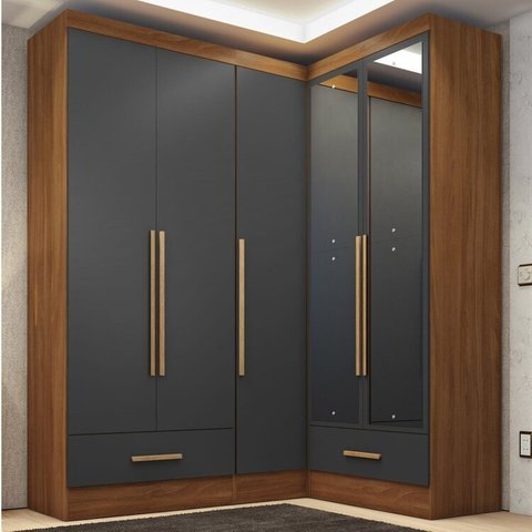 Quarto Modulado de Canto 100% MDF 3 Peças 5 Portas 2 Gavetas com Espelhos Smart Plus Espresso Móveis