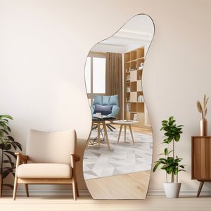 Espelho Corpo Inteiro Grande Geométrico Moldura em Couro 3cm 170x70cm - Mod. Curves Caramelo