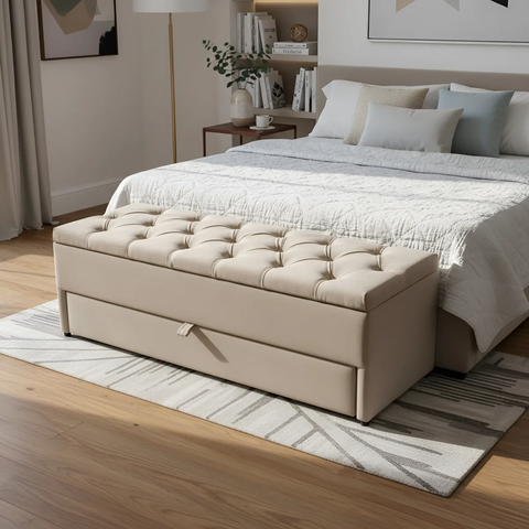 Puf Baú Sapateiro com Gaveta King 195x50x45cm Cor Areia - Produto Direto de Fábrica