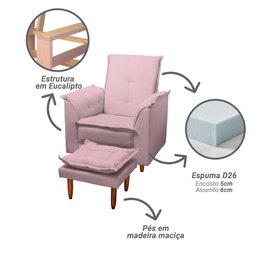Poltrona Amamentação e Puff Ariel Suede Rosa Bebê Espuma D26 Tana Decor Newbelle Decor - 5