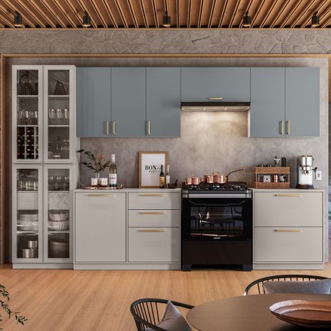 Cozinha Modulada 6 Peças 12 Portas 5 Gavetas Com Cristaleira MDF Rodapé em PVC Essence Itatiaia