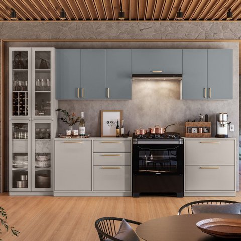 Cozinha Modulada 6 Peças 12 Portas 5 Gavetas com Cristaleira MDF Rodapé em PVC Essence Itatiaia Cinza/Fendi