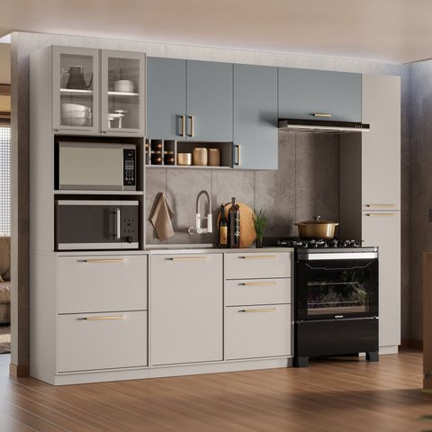 Cozinha Modulada 5 Peças 10 Portas 4 Gavetas Nicho p/2 Fornos MDF Rodapé em PVC Essence Itatiaia Cinza/Fendi
