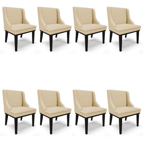 Kit 8 Cadeiras Estofadas para Sala de Jantar Base Fixa de Madeira Preto Lia Veludo Luxo Off White -