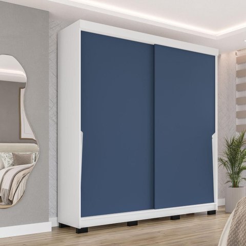 Roupeiro Porto 2 Portas de Correr 2 Gavetas 177x213cm Branco/Azul 240826