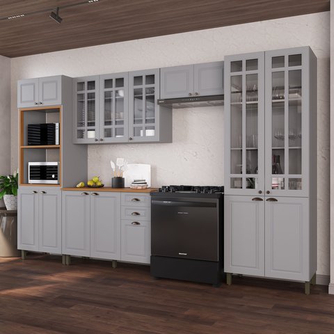 Cozinha Modulada 5 Peças Torre Quente Cristaleira Balcão com Tampo e 2 Aéreos 100% MDF com Vidro Bari Cinza/Titanio Fosco