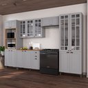 Ver imagem 1 de Cozinha Modulada 5 Peças Torre Quente Cristaleira Balcão com Tampo e 2 Aéreos 100% MDF com Vidro Bari Cinza/Titanio Fosco