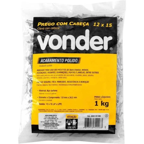 Prego com Cabeça 12 x 15 Polido Fixação Segura Fácil Manuseio 1kg Vonder