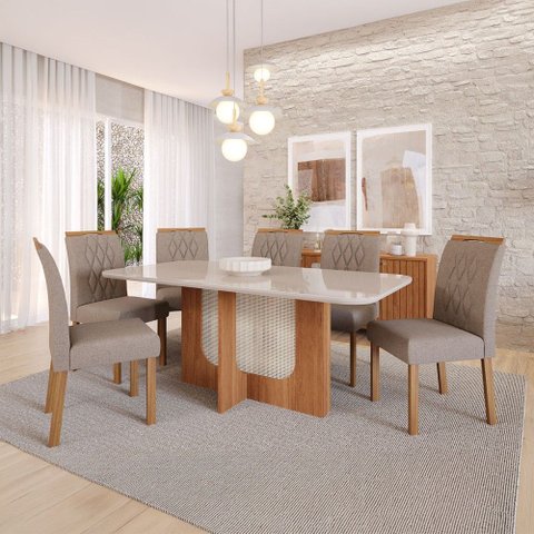 Sala de Jantar 6 Lugares Tampo de Vidro 180 cm Lagertha Cadeiras Madeira Maciça Cinamomo/Linho Bege 